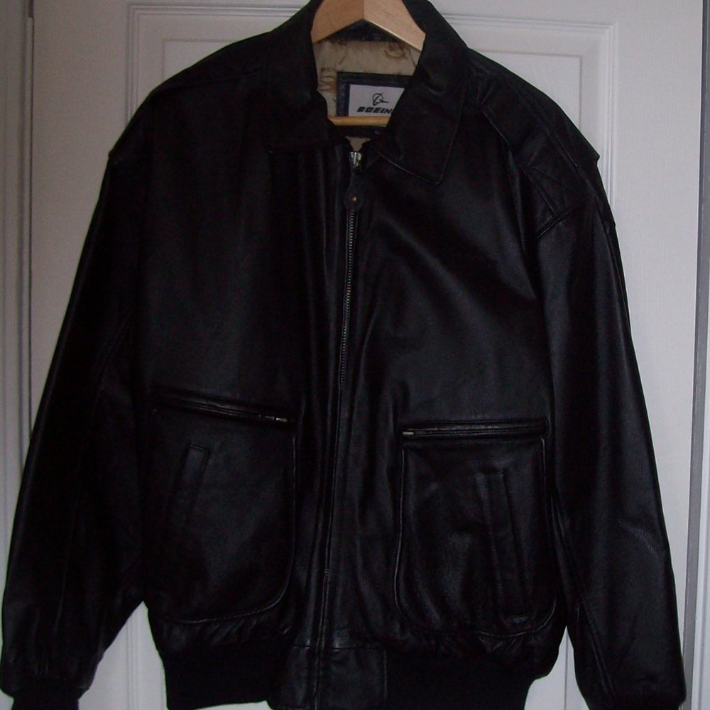 "Host Pick" BOEING 100% LEATHER  BLACK MEN'S XL FULL ZIPPER JACKET EXCELLENT